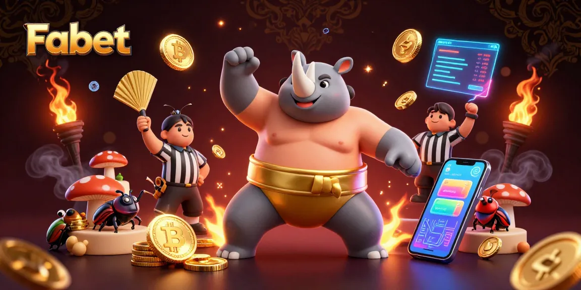 Experience Fabet's golden casino action with a dynamic 3D illustration of beetle champions and crypto coins.