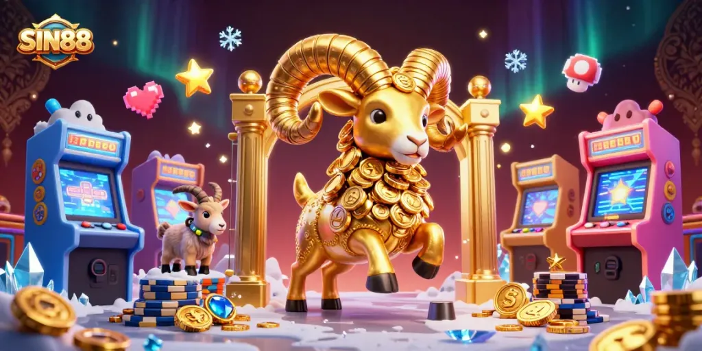 SIN88 players enjoy thrilling casino games as a golden ram charges through vibrant arcade-themed adventure.