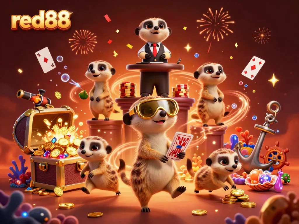 Experience the excitement of red88 casino with dynamic meerkats managing gaming operations and treasures.